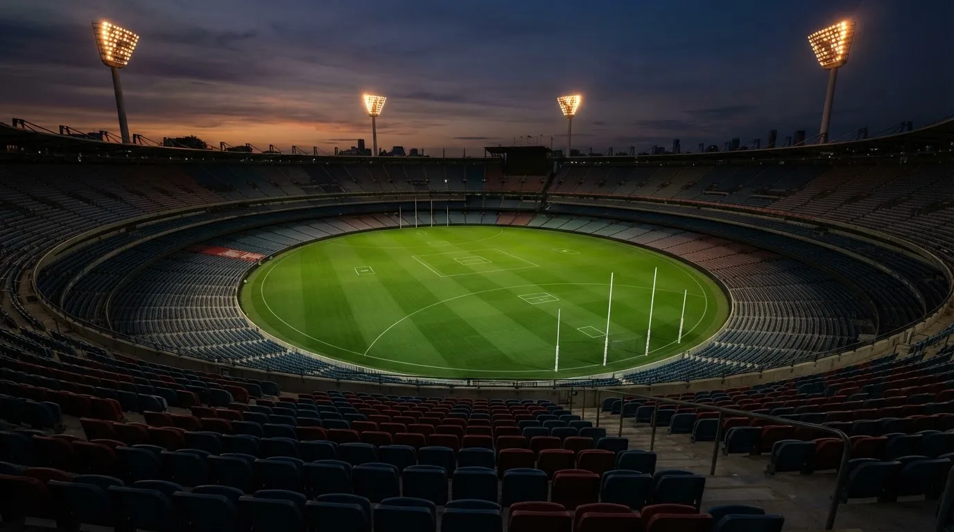 An empty football stadium with floodlight masts at dusk