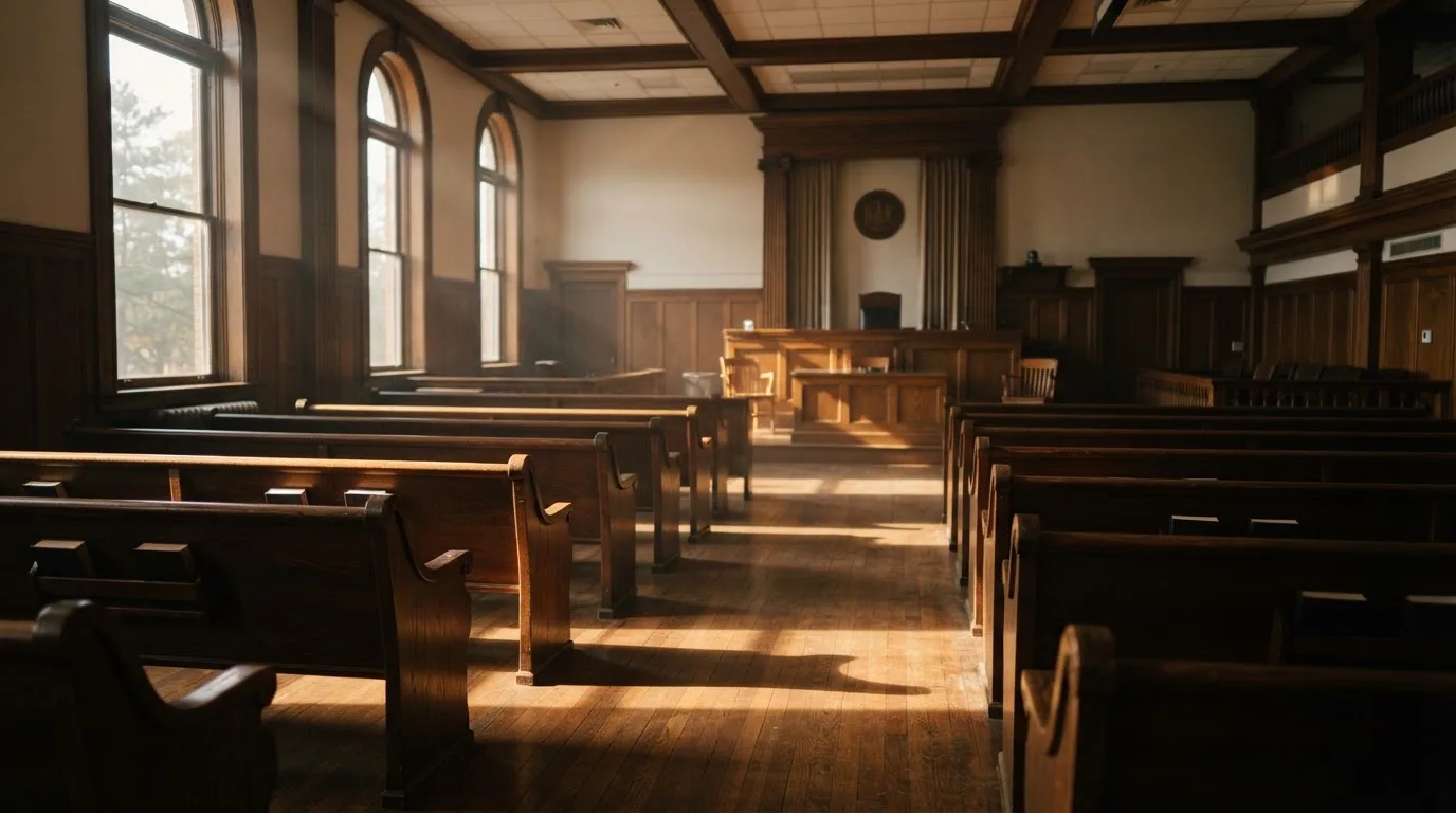 An empty courtroom with wooden benches in morning light