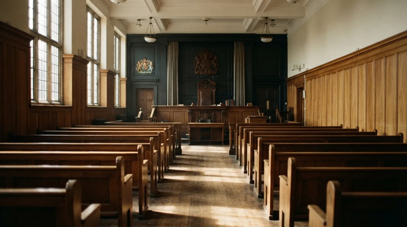 An empty courtroom with wooden benches in morning light