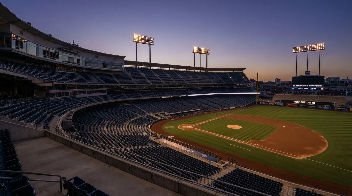 An empty football stadium with floodlight masts at dusk
