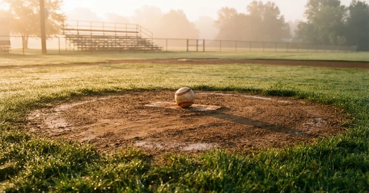 A ball on the centre spot of a grass pitch in morning light