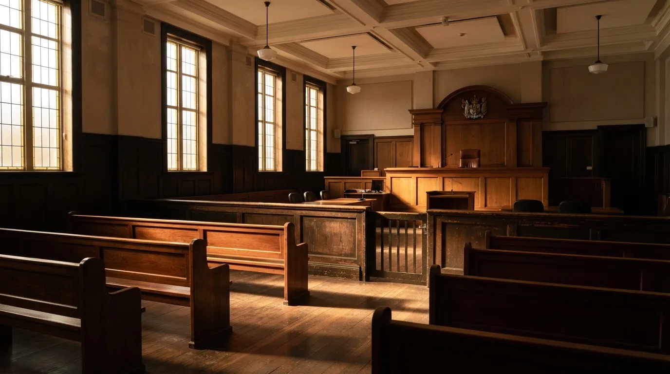 An empty courtroom with wooden benches in morning light