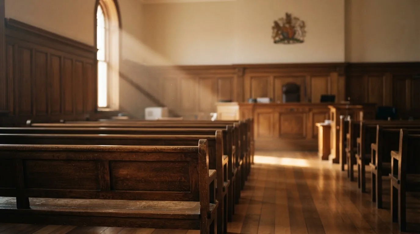 An empty courtroom with wooden benches in morning light