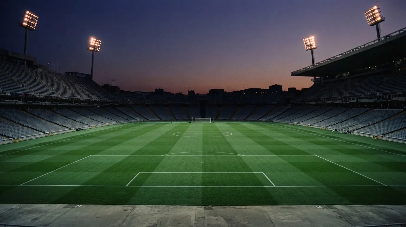 An empty football stadium with floodlight masts at dusk