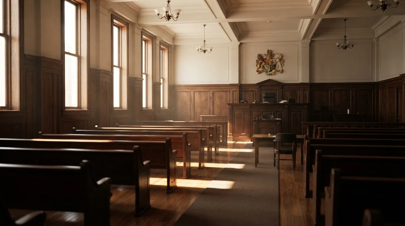 An empty courtroom with wooden benches in morning light