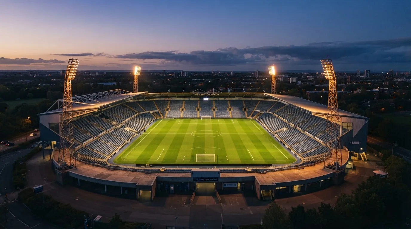 An empty football stadium with floodlight masts at dusk
