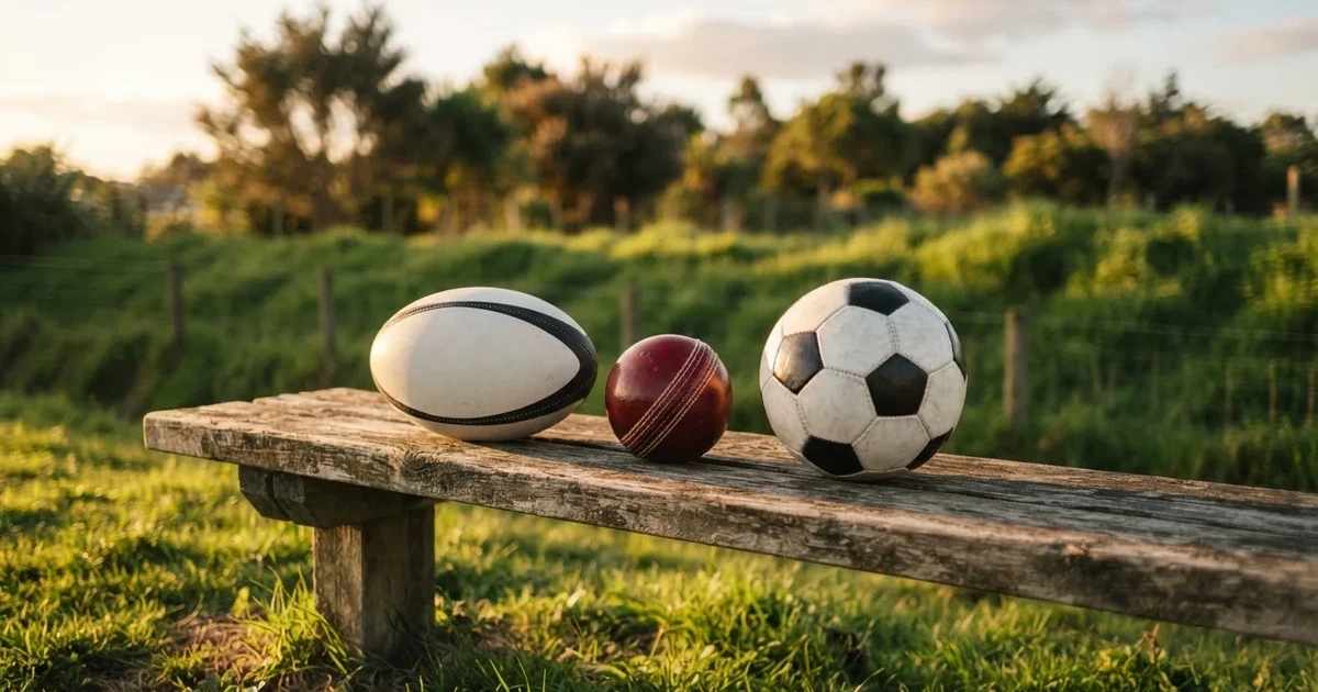 Three balls of different kinds side by side on a wooden bench