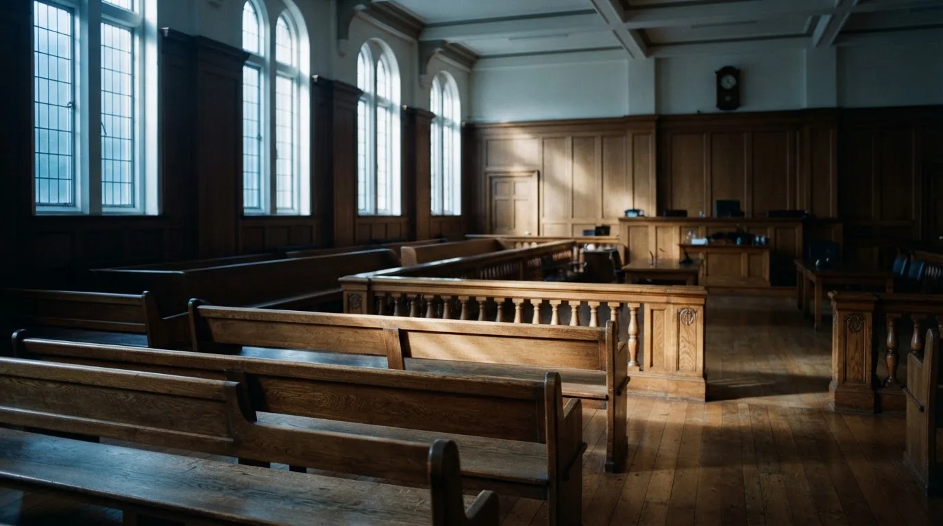 An empty courtroom with wooden benches in morning light