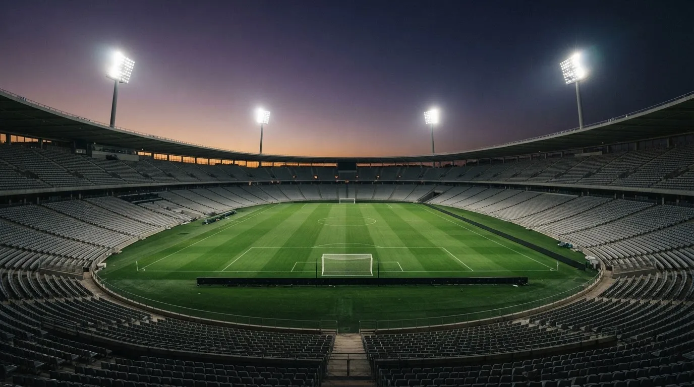An empty football stadium with floodlight masts at dusk