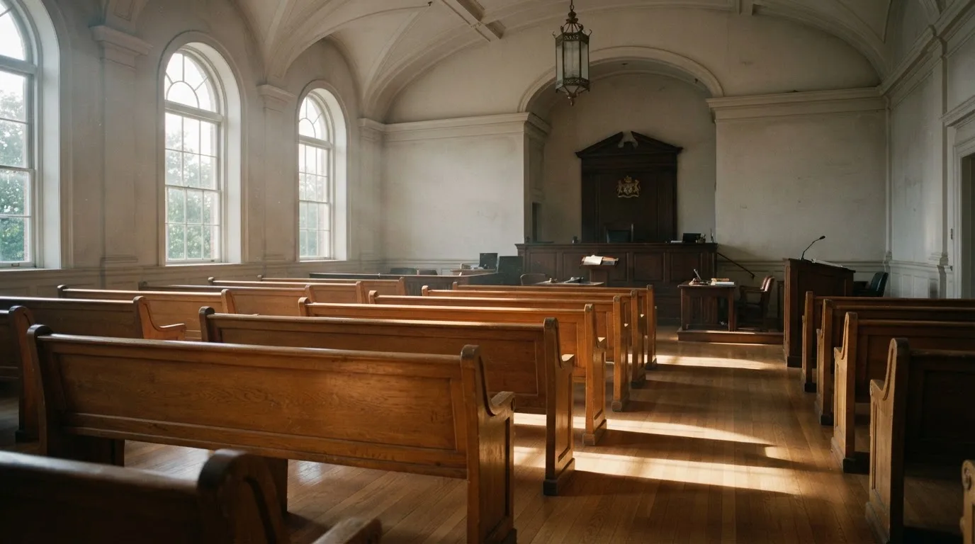 An empty courtroom with wooden benches in morning light