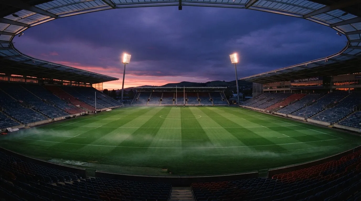An empty football stadium with floodlight masts at dusk