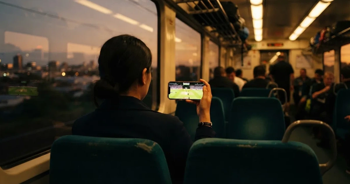 A hand holding a smartphone on a train in the evening, screen turned away