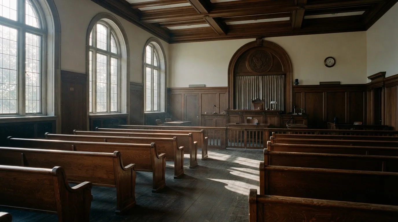 An empty courtroom with wooden benches in morning light