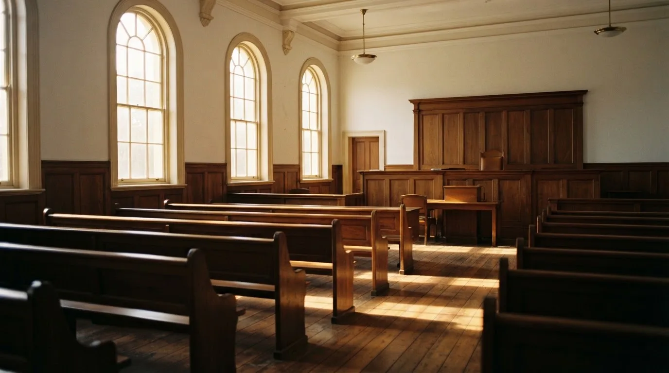 An empty courtroom with wooden benches in morning light