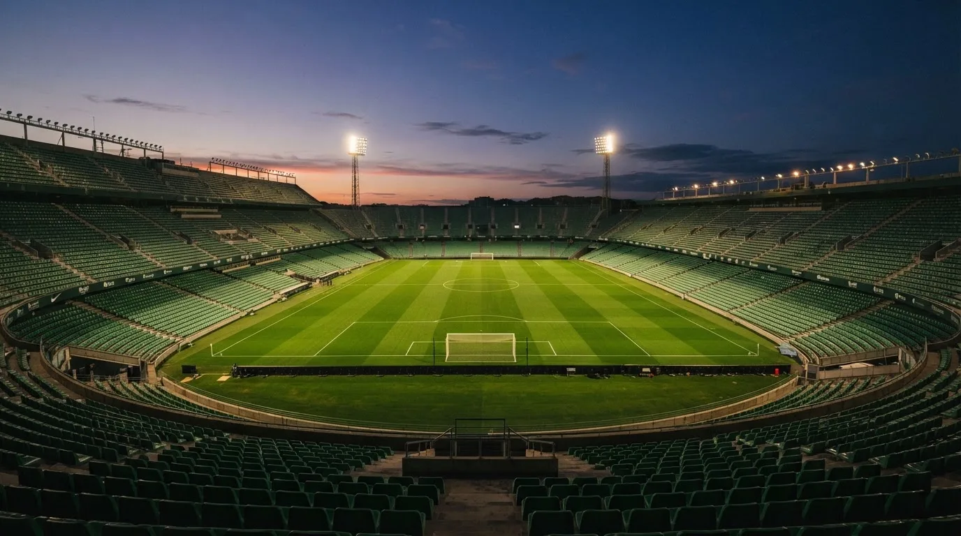 An empty football stadium with floodlight masts at dusk