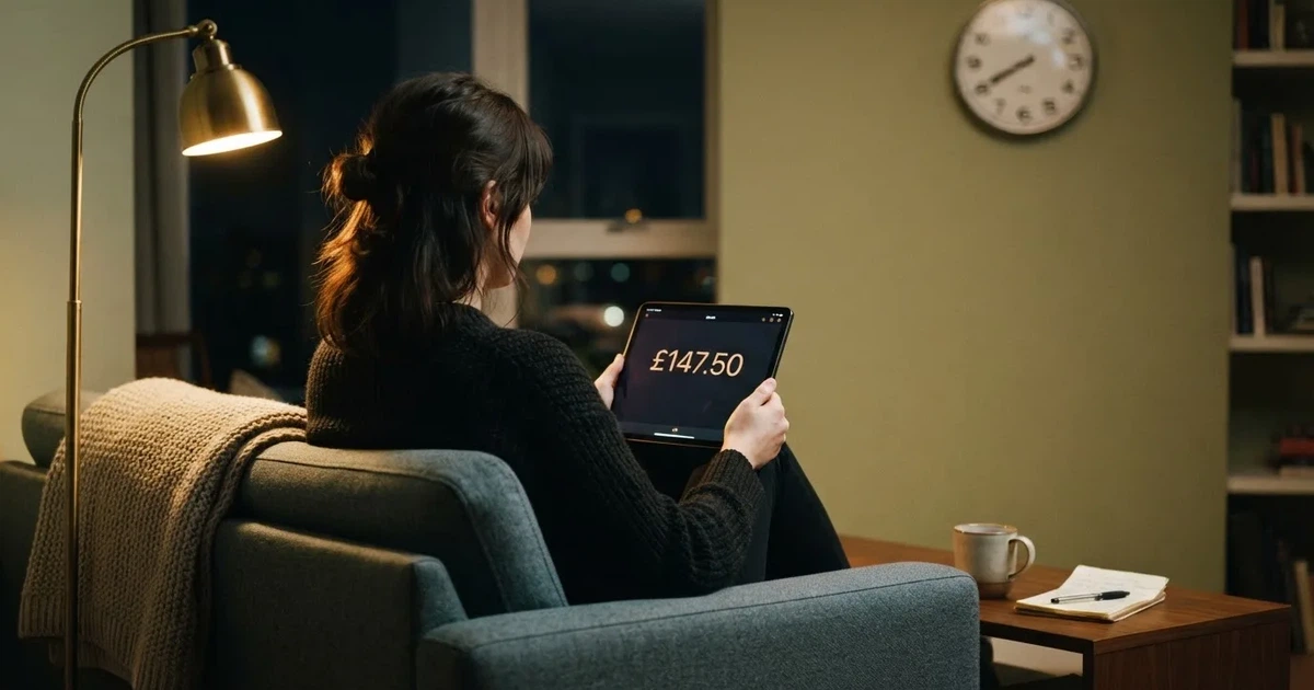 A person on a sofa looking thoughtfully at a tablet, a wall clock in the background