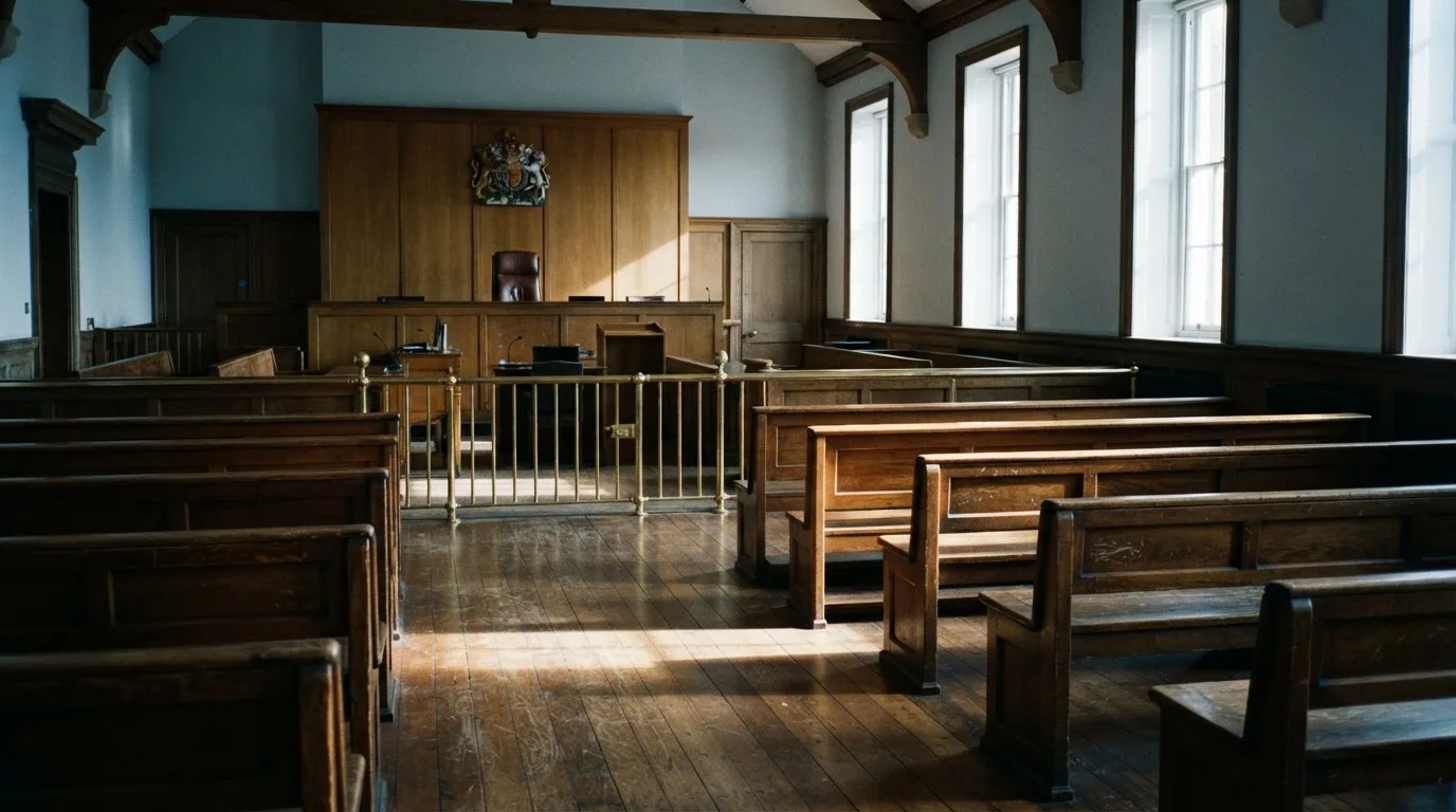 An empty courtroom with wooden benches in morning light
