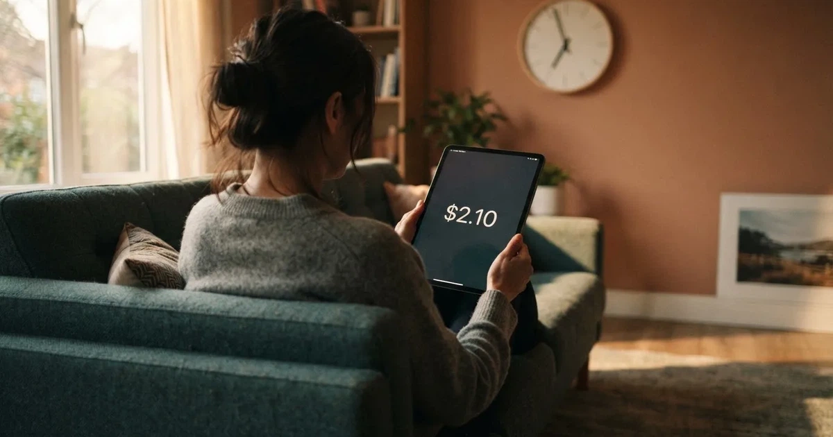 A person on a sofa looking thoughtfully at a tablet, a wall clock in the background