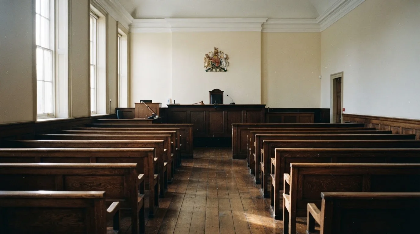 An empty courtroom with wooden benches in morning light