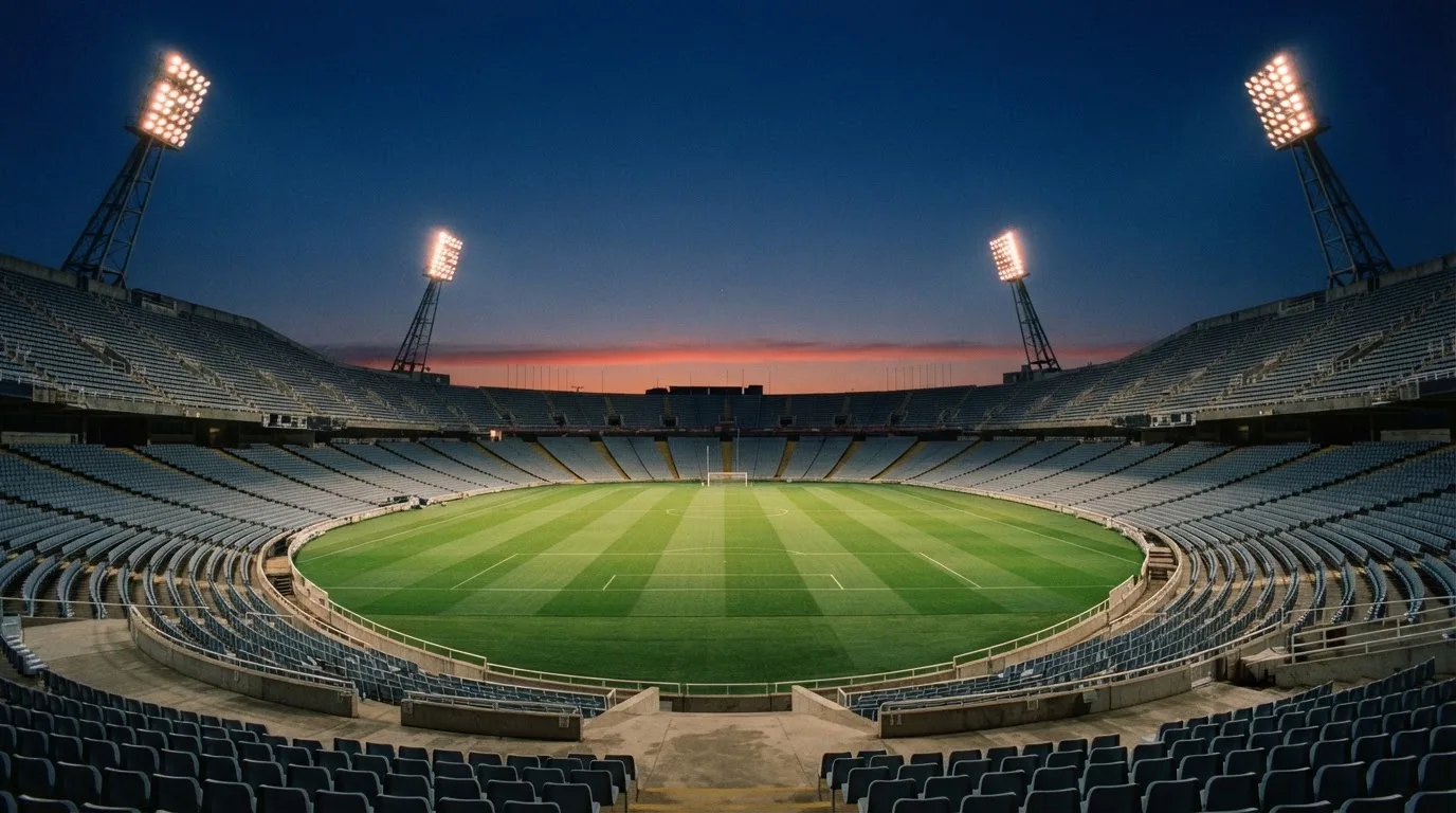 An empty football stadium with floodlight masts at dusk