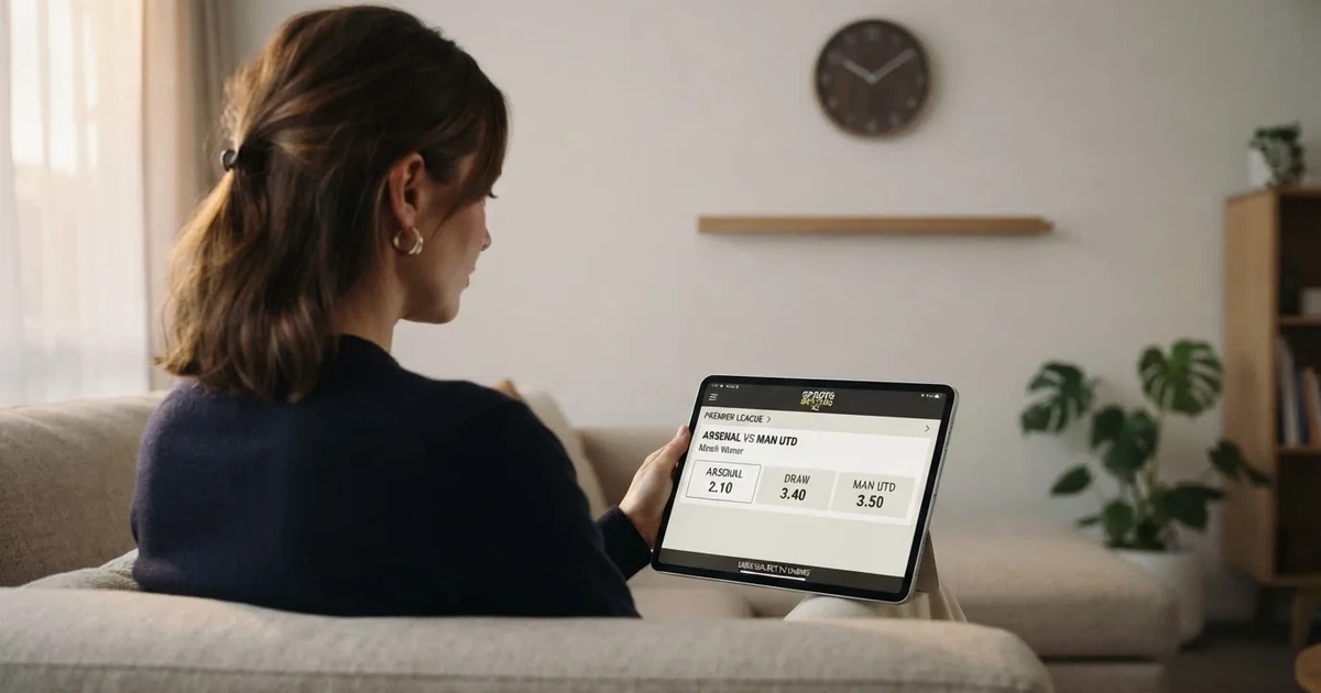 A person on a sofa looking thoughtfully at a tablet, a wall clock in the background