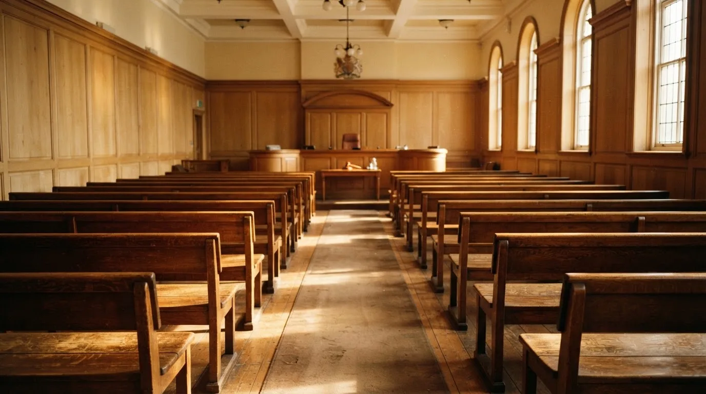 An empty courtroom with wooden benches in morning light
