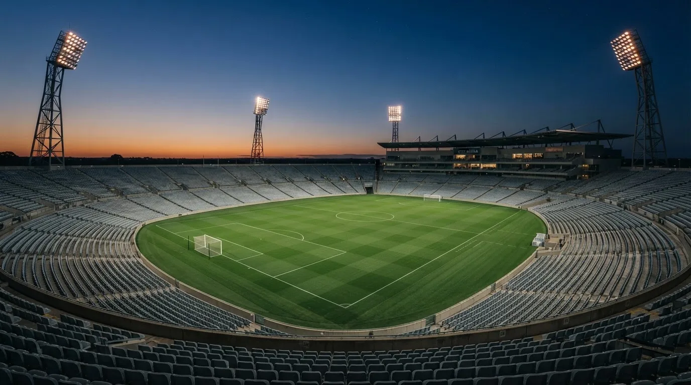 An empty football stadium with floodlight masts at dusk