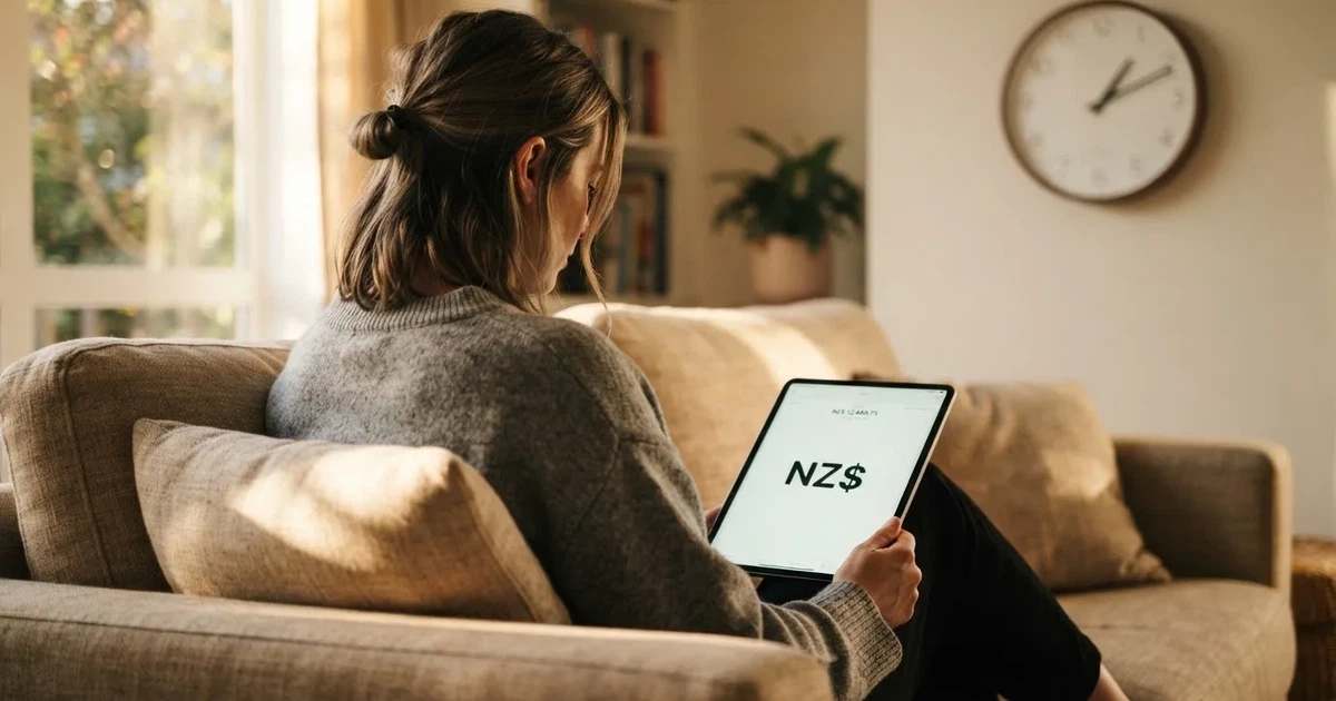 A person on a sofa looking thoughtfully at a tablet, a wall clock in the background
