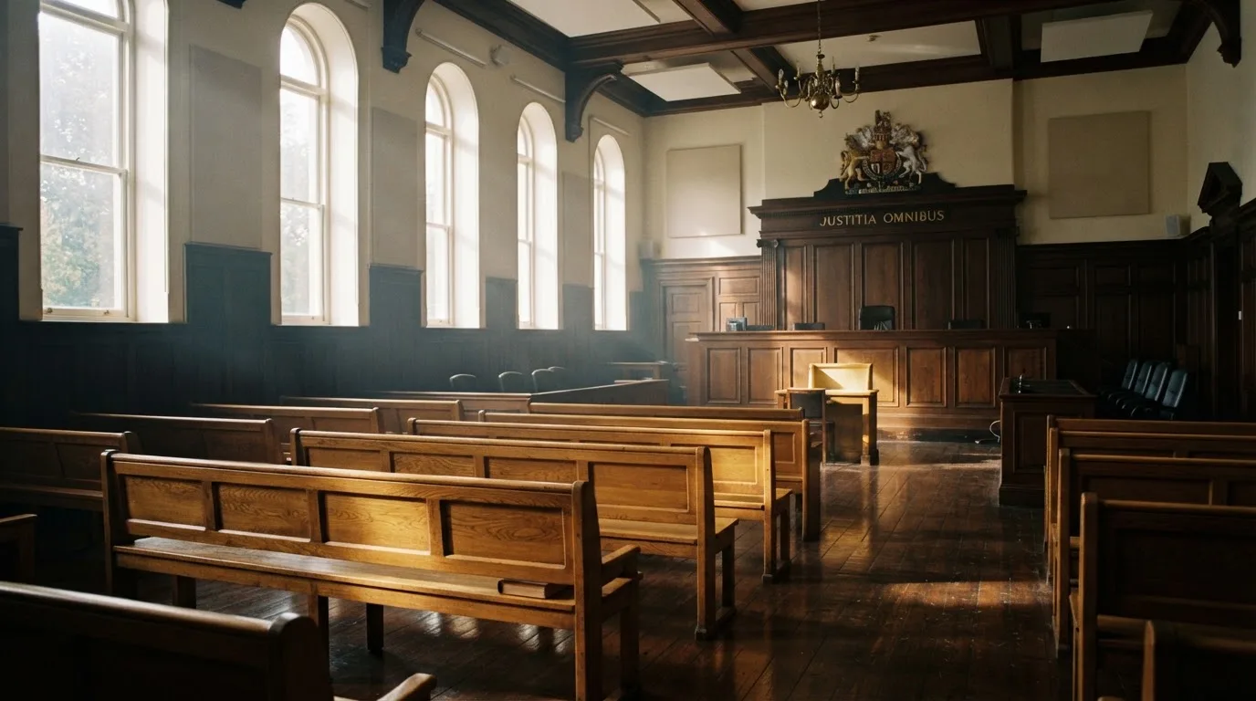 An empty courtroom with wooden benches in morning light