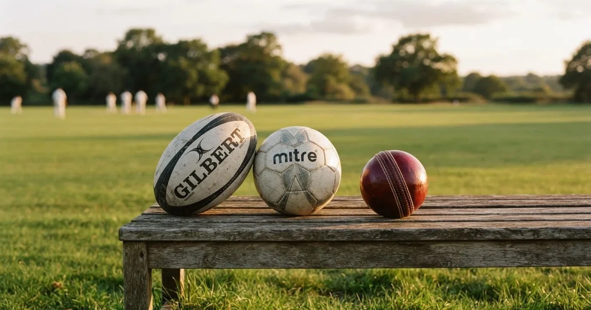 Three balls of different kinds side by side on a wooden bench