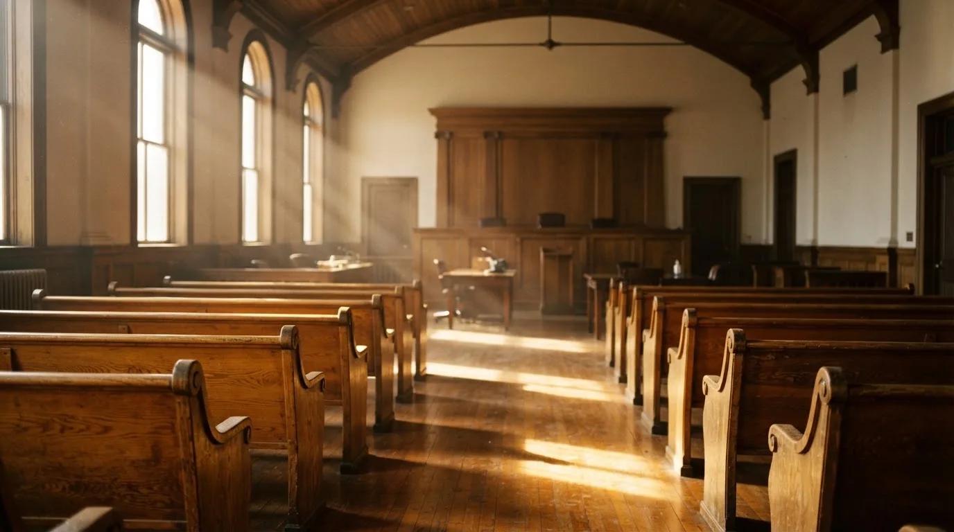 An empty courtroom with wooden benches in morning light
