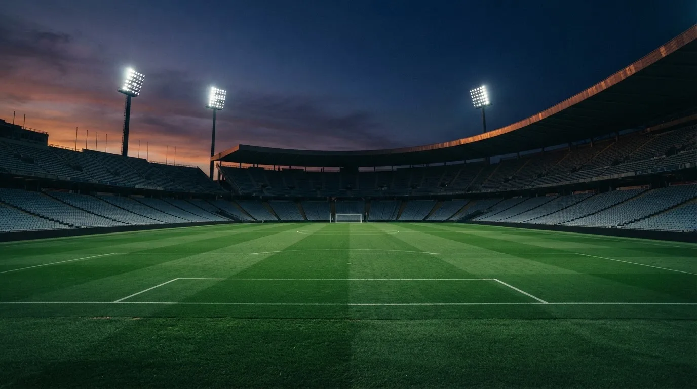 An empty football stadium with floodlight masts at dusk