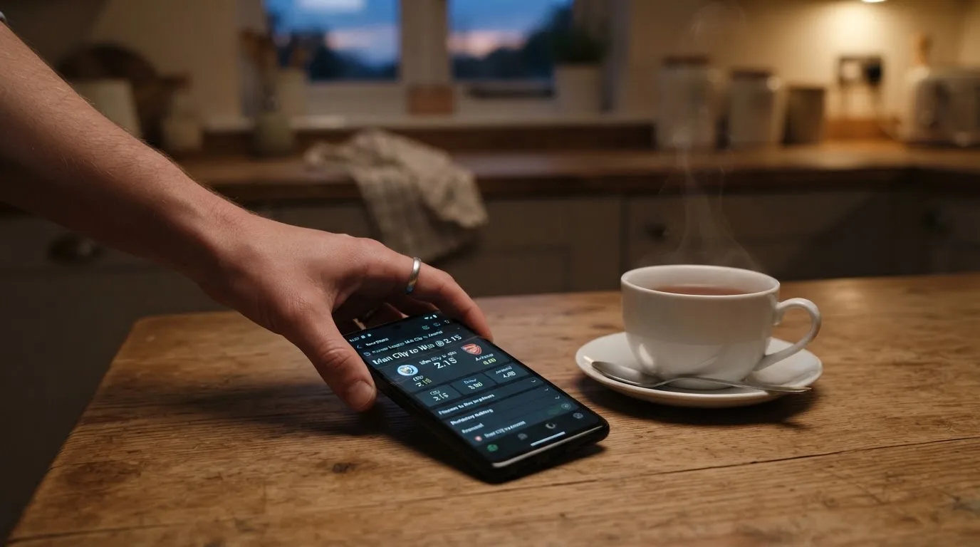 A hand setting a smartphone down beside a cup of tea on a kitchen table on a quiet evening