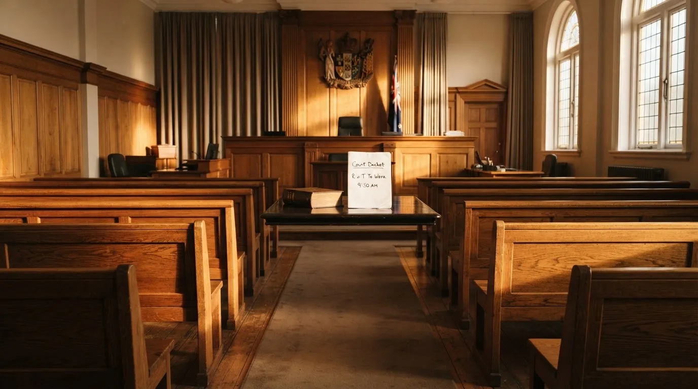 An empty courtroom with wooden benches in morning light