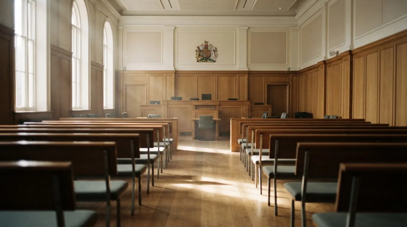 An empty courtroom with wooden benches in morning light