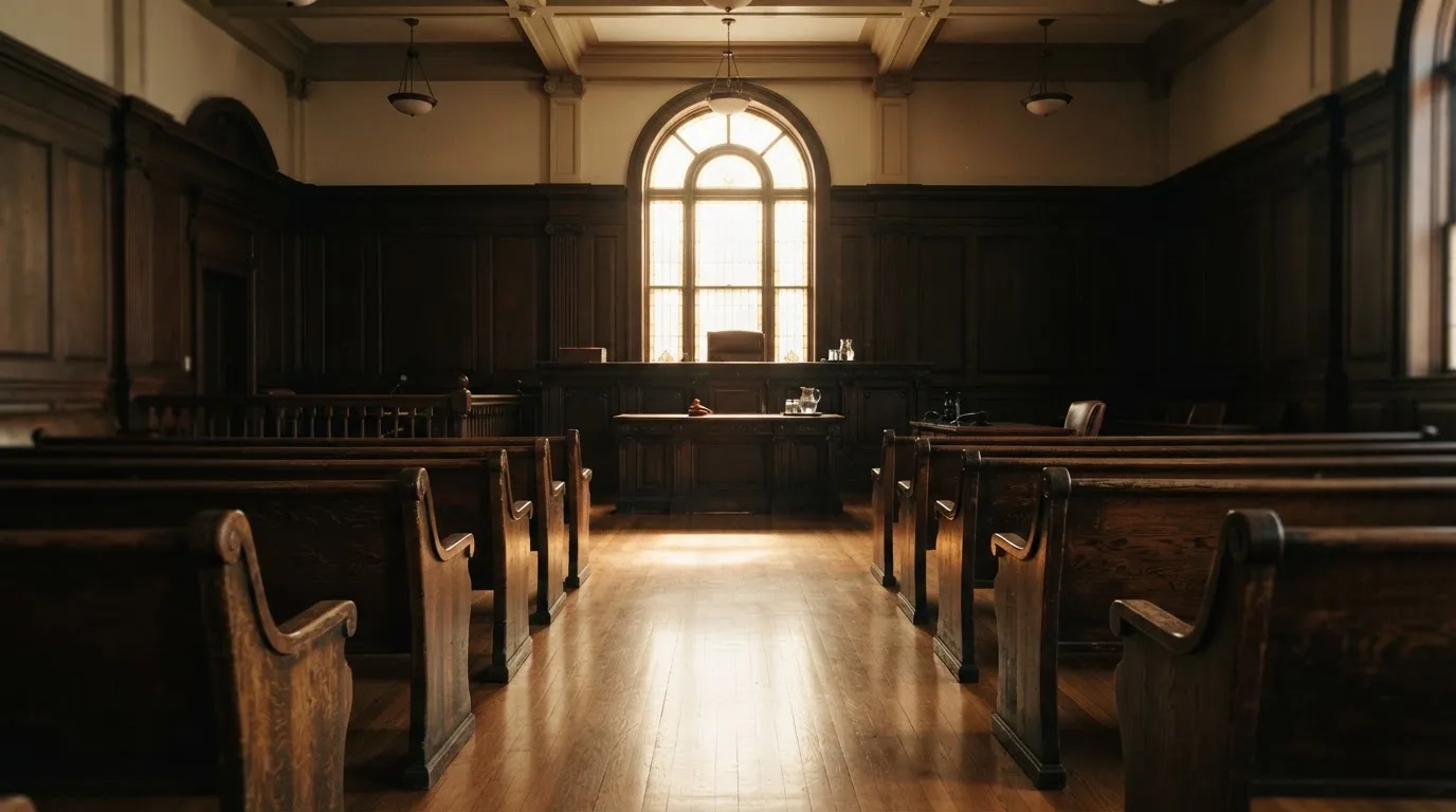 An empty courtroom with wooden benches in morning light