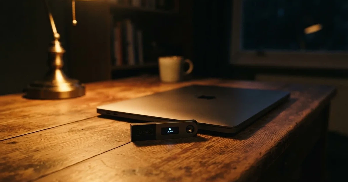 A hardware wallet and a closed laptop on a desk in dim light