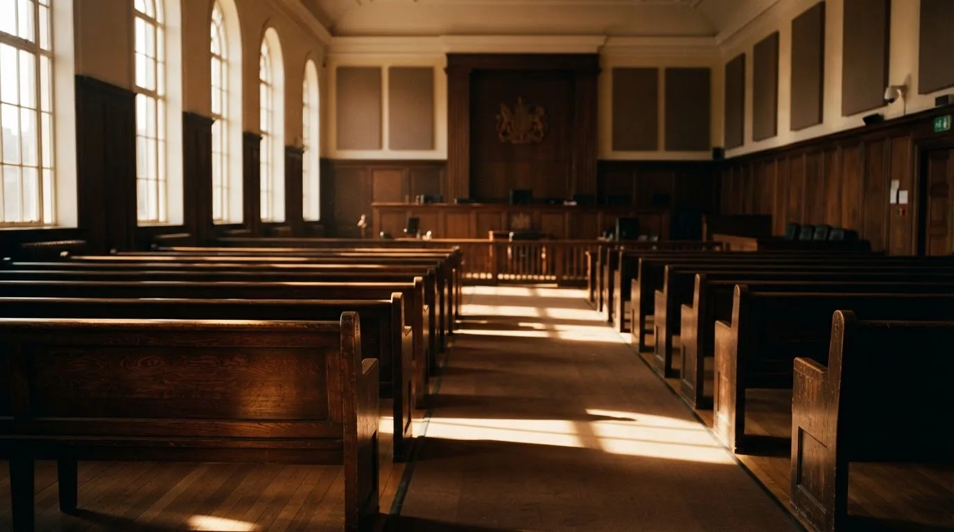 An empty courtroom with wooden benches in morning light