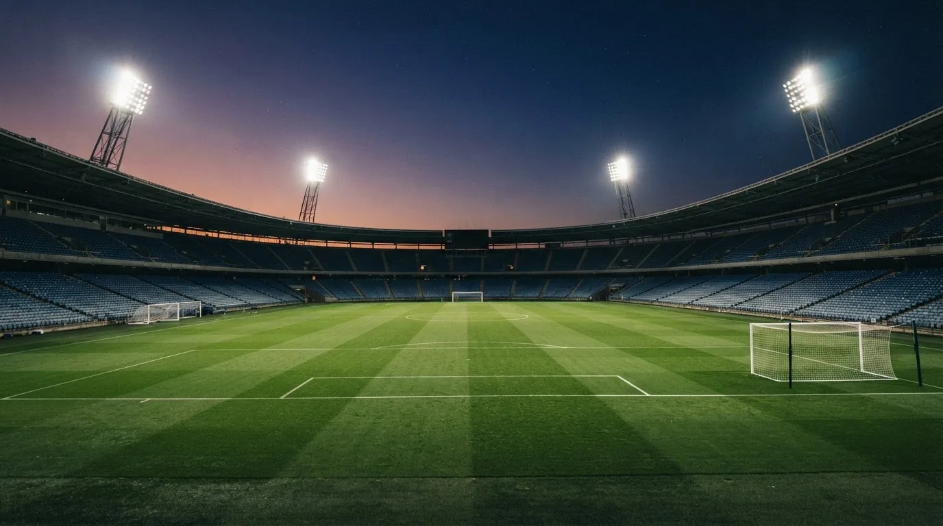 An empty football stadium with floodlight masts at dusk