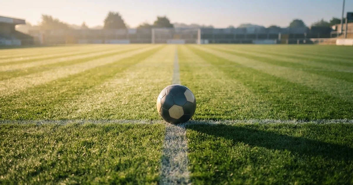 A ball on the centre spot of a grass pitch in morning light