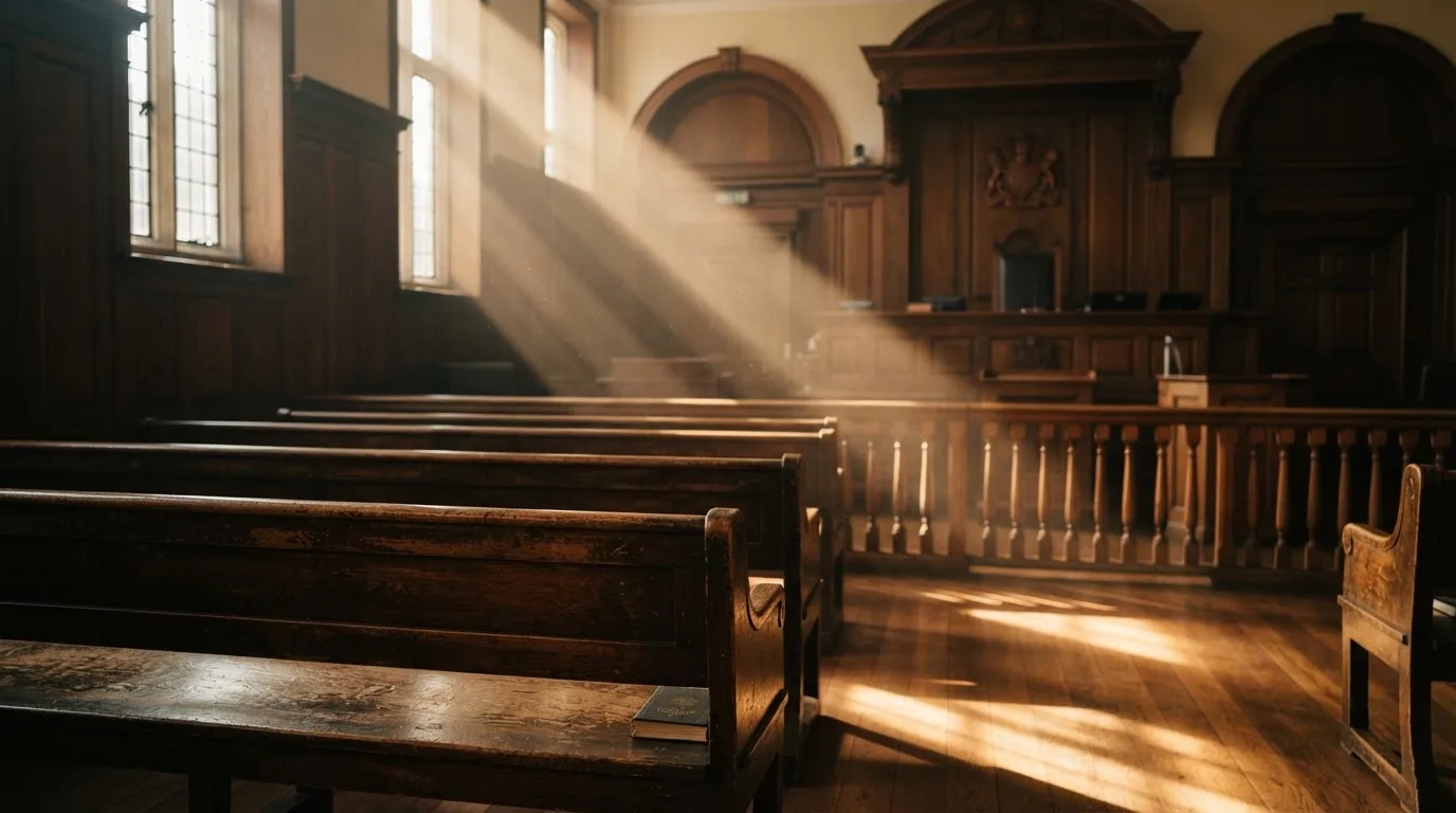 An empty courtroom with wooden benches in morning light