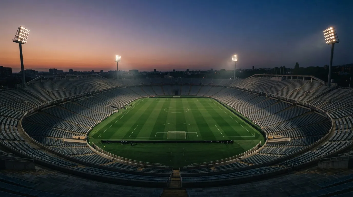 An empty football stadium with floodlight masts at dusk