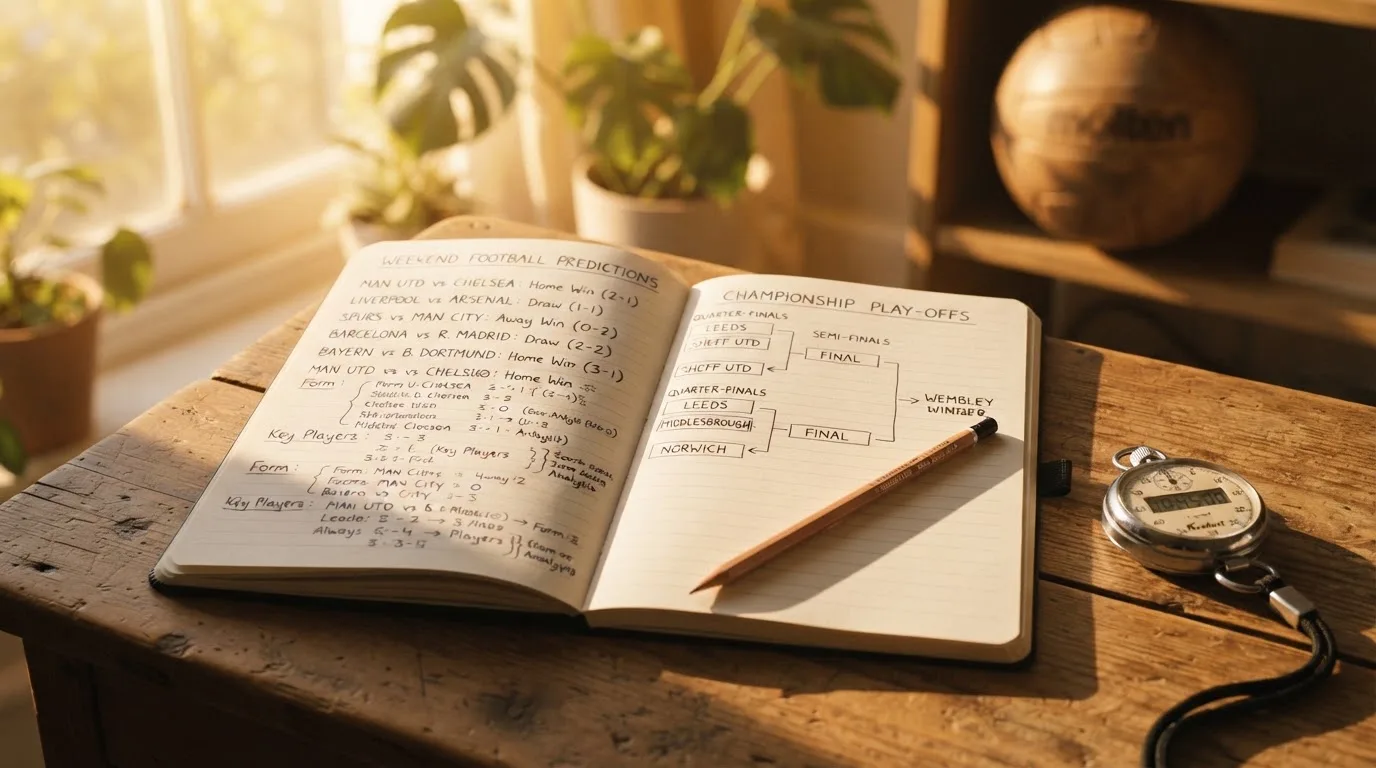 An open notebook with a pencil and a stopwatch on a wooden table