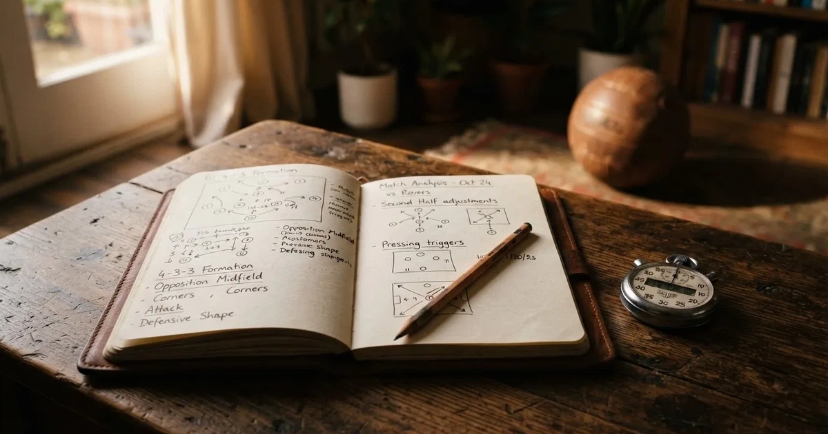 An open notebook with a pencil and a stopwatch on a wooden table
