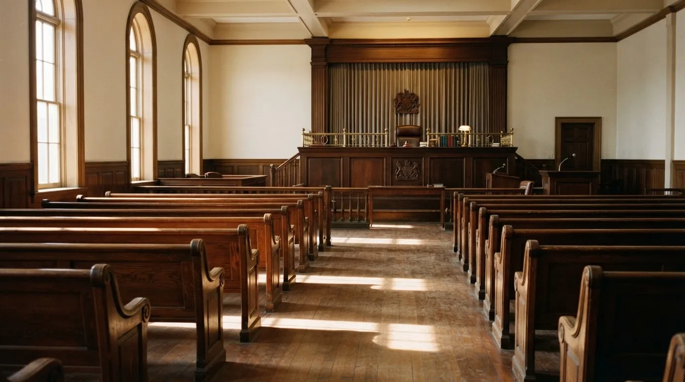An empty courtroom with wooden benches in morning light