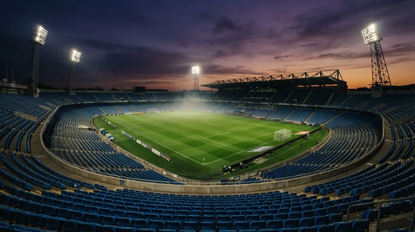An empty football stadium with floodlight masts at dusk