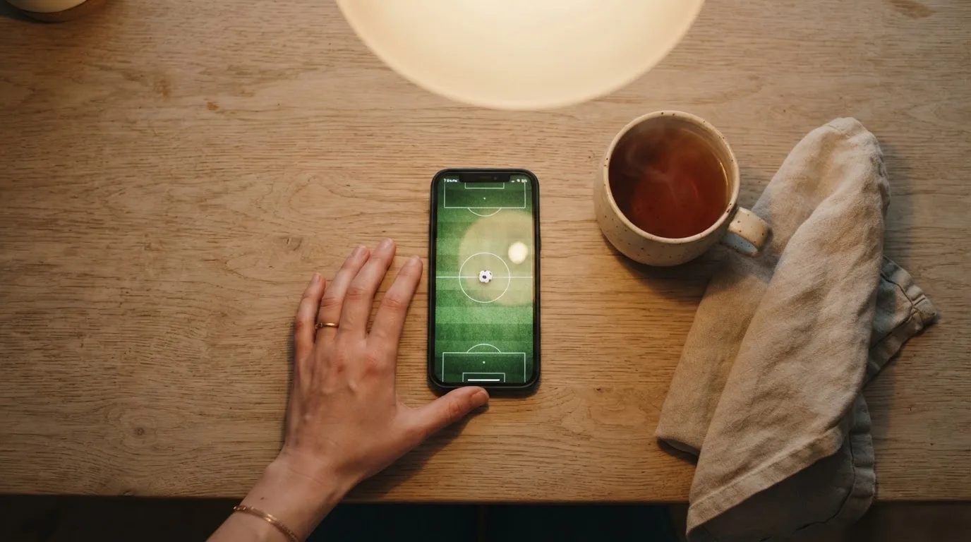 A hand setting a smartphone down beside a cup of tea on a kitchen table on a quiet evening