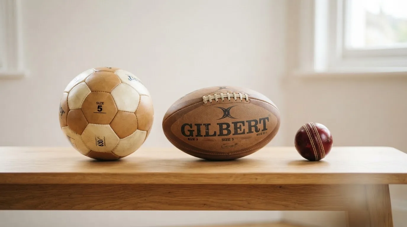 Three balls of different kinds side by side on a wooden bench