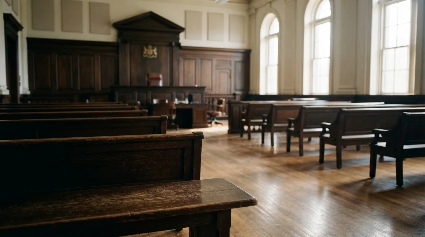 An empty courtroom with wooden benches in morning light