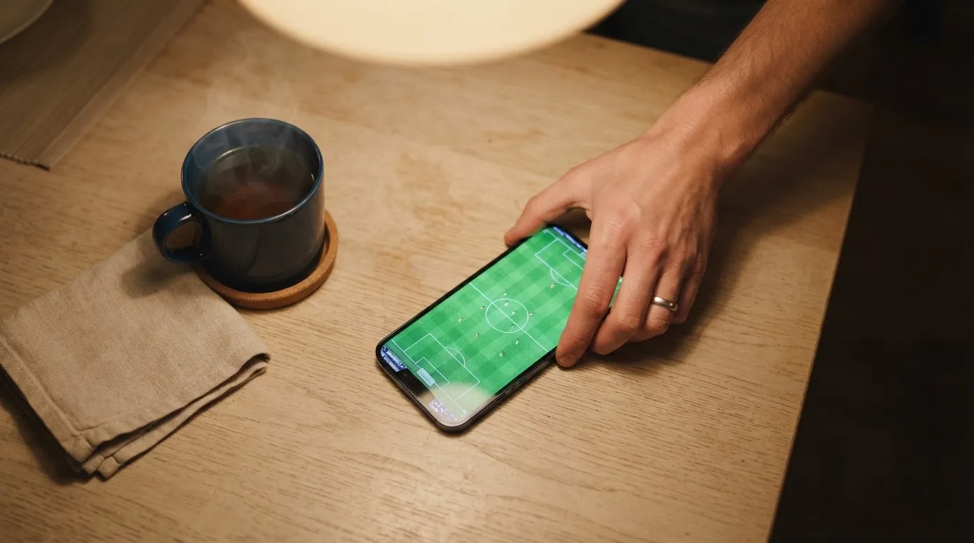 A hand setting a smartphone down beside a cup of tea on a kitchen table on a quiet evening
